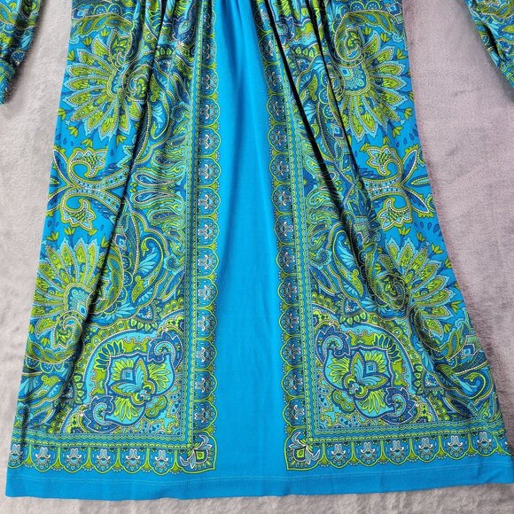 London Times Womens 10 Blue Green Paisley‎ Babydoll Y2K Boho Retro Midi Dress - Picture 3 of 10
